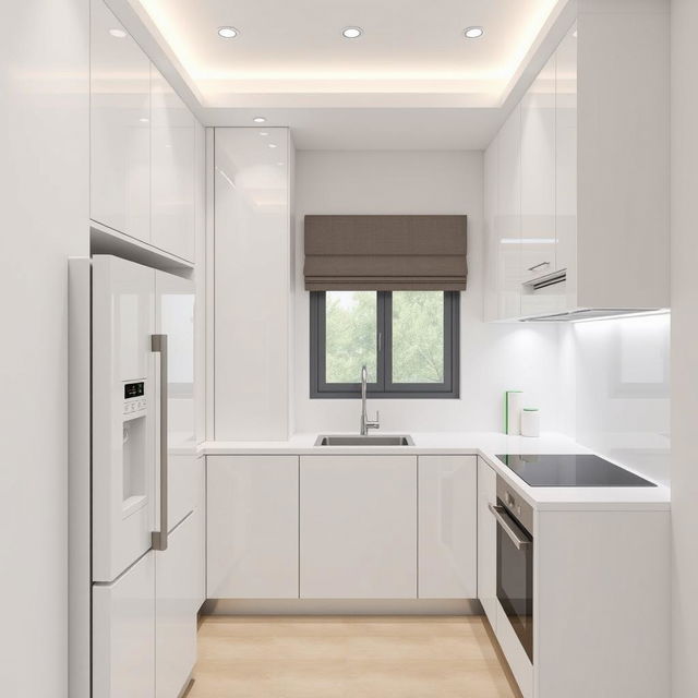 A modern kitchen design plan for a compact space measuring 2