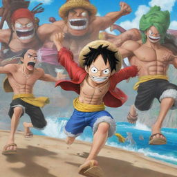 Vibrant and action-packed scenes from the game 'One Piece: Bounty Rush', showing characters engaging in combat and navigating through detailed landscapes.