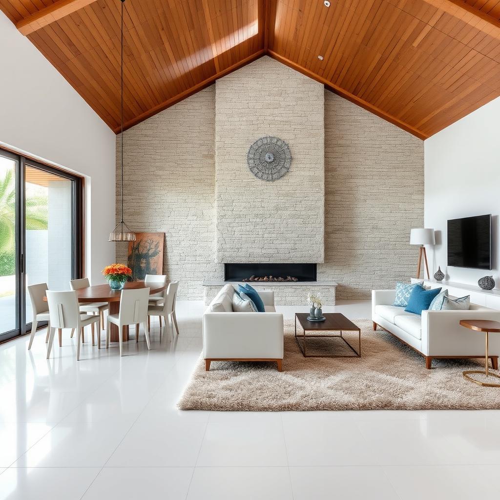 A living and dining area with white porcelain flooring and a wooden ceiling, showcasing a stunning stone accent wall