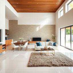 A living and dining area with white porcelain flooring and a wooden ceiling, showcasing a stunning stone accent wall