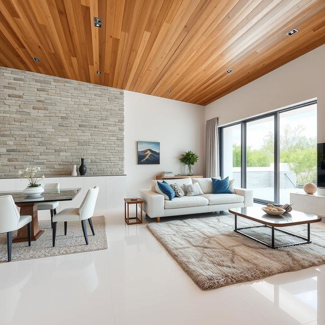 A living and dining area with white porcelain flooring and a wooden ceiling, showcasing a stunning stone accent wall