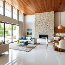 A living and dining area with white porcelain flooring and a wooden ceiling, showcasing a stunning stone accent wall