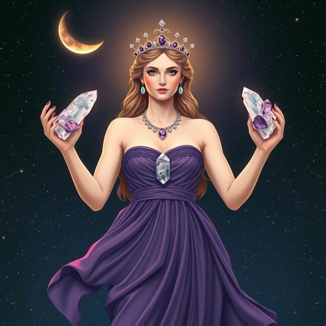 Diana, the goddess of the half-moon, stands gracefully, holding Clear Quartz and Selenite crystals in her hands