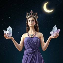 Diana, the goddess of the half-moon, stands gracefully, holding Clear Quartz and Selenite crystals in her hands