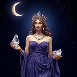 Diana, the goddess of the half-moon, stands gracefully, holding Clear Quartz and Selenite crystals in her hands