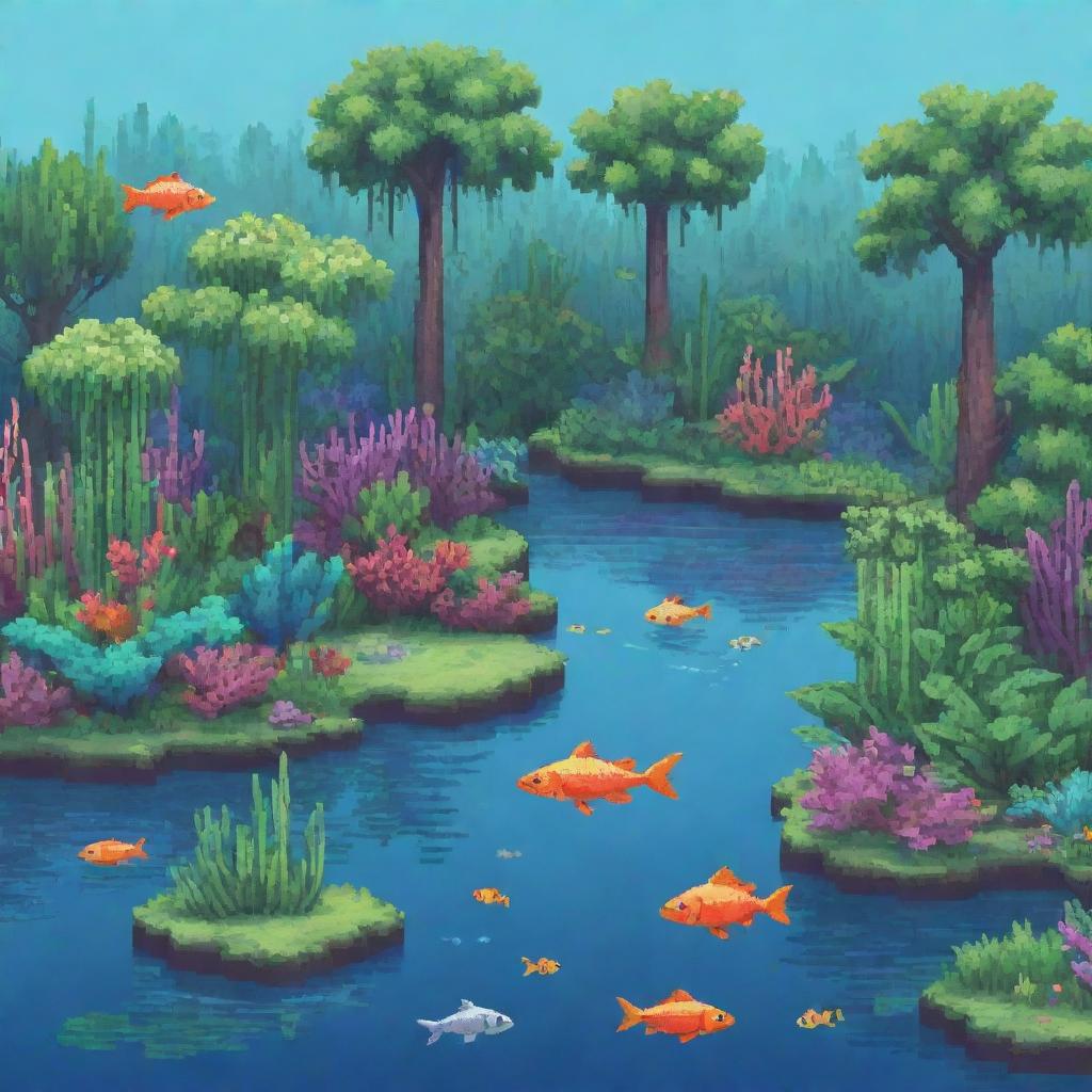 A pixel art style lagoon filled with vibrant fish and lush aquatic plants