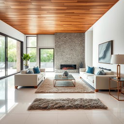 A living area with white porcelain flooring and a wooden ceiling, featuring a striking stone accent wall