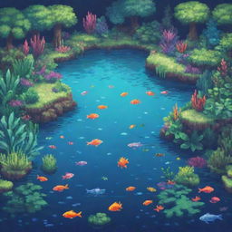 A pixel art style lagoon filled with vibrant fish and lush aquatic plants