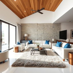 A living area with white porcelain flooring and a wooden ceiling, featuring a striking stone accent wall