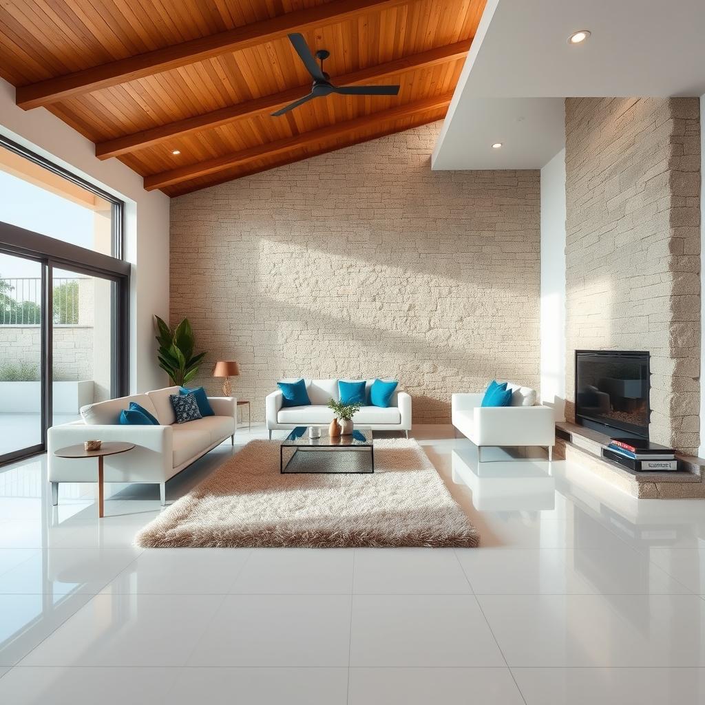 A living area with white porcelain flooring and a wooden ceiling, featuring a striking stone accent wall