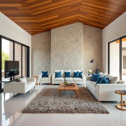 A living area with white porcelain flooring and a wooden ceiling, featuring a striking stone accent wall