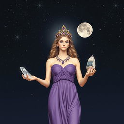 Diana, the goddess of the half moon, stands gracefully, holding Clear Quartz and Selenite crystals in her hands