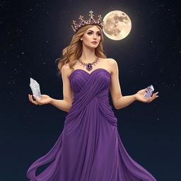 Diana, the goddess of the half moon, stands gracefully, holding Clear Quartz and Selenite crystals in her hands