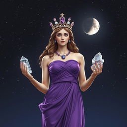 Diana, the goddess of the half moon, stands gracefully, holding Clear Quartz and Selenite crystals in her hands