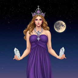 Diana, the goddess of the half moon, stands gracefully, holding Clear Quartz and Selenite crystals in her hands