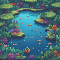 A pixel art style lagoon filled with vibrant fish and lush aquatic plants