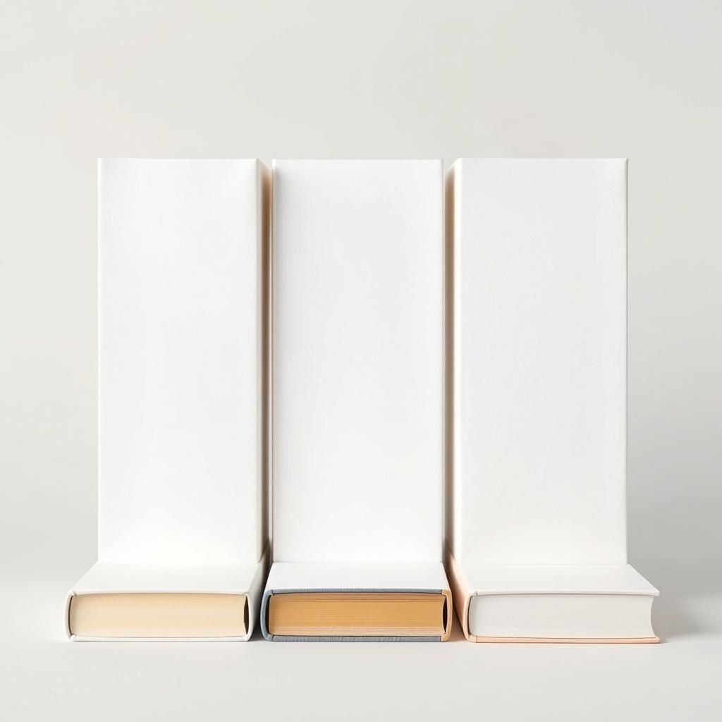 Three blank books standing upright, with a seamless design allowing for easy substitution during editing