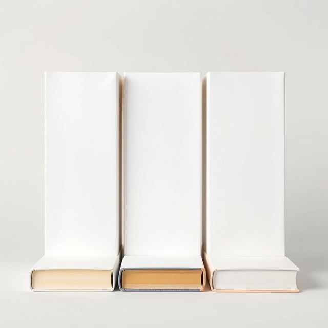 Three blank books standing upright, with a seamless design allowing for easy substitution during editing