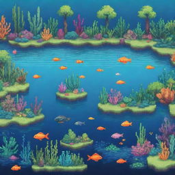 A pixel art style lagoon filled with vibrant fish and lush aquatic plants