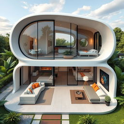 Futuristic L-shaped house design featuring an integrated living room, dining area, and kitchen