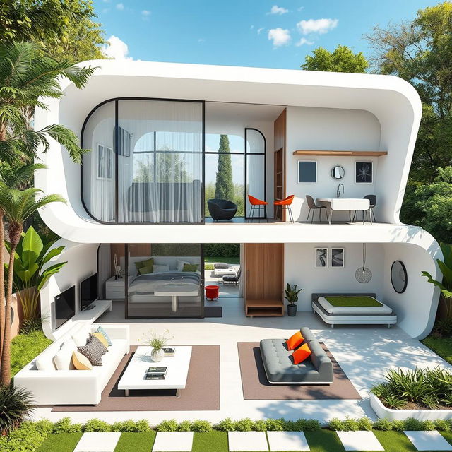 Futuristic L-shaped house design featuring an integrated living room, dining area, and kitchen