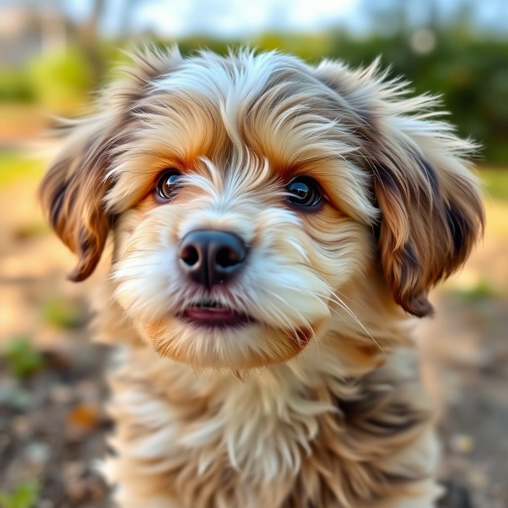 Close-up portrait of a cute and fluffy dog, with expressive eyes and a playful expression, sitting against a natural outdoor background