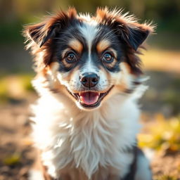 Close-up portrait of a cute and fluffy dog, with expressive eyes and a playful expression, sitting against a natural outdoor background