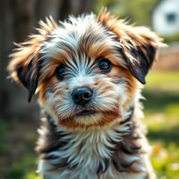 Close-up portrait of a cute and fluffy dog, with expressive eyes and a playful expression, sitting against a natural outdoor background