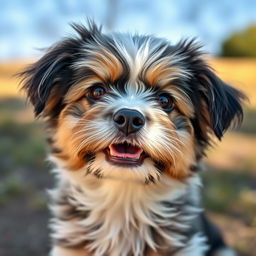 Close-up portrait of a cute and fluffy dog, with expressive eyes and a playful expression, sitting against a natural outdoor background