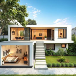 Modern L-shaped single-story house design featuring an integrated living room, dining area, and kitchen