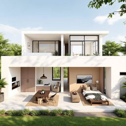 Modern L-shaped single-story house design featuring an integrated living room, dining area, and kitchen