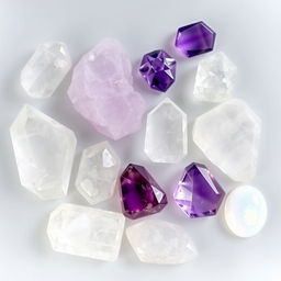 An assortment of various crystal cuts featuring Clear Quartz, Selenite, Amethyst, and Moonstone on a transparent background