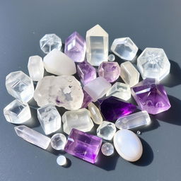 An assortment of various crystal cuts featuring Clear Quartz, Selenite, Amethyst, and Moonstone on a transparent background