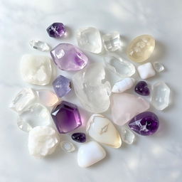 An assortment of various crystal cuts featuring Clear Quartz, Selenite, Amethyst, and Moonstone on a transparent background