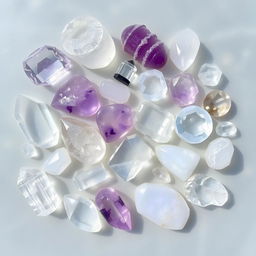 An assortment of various crystal cuts featuring Clear Quartz, Selenite, Amethyst, and Moonstone on a transparent background