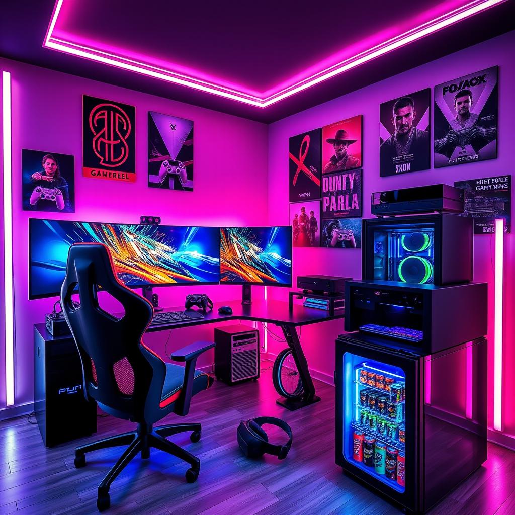 A modern gaming room featuring an ultra-wide curved monitor setup with RGB lighting illuminating the room