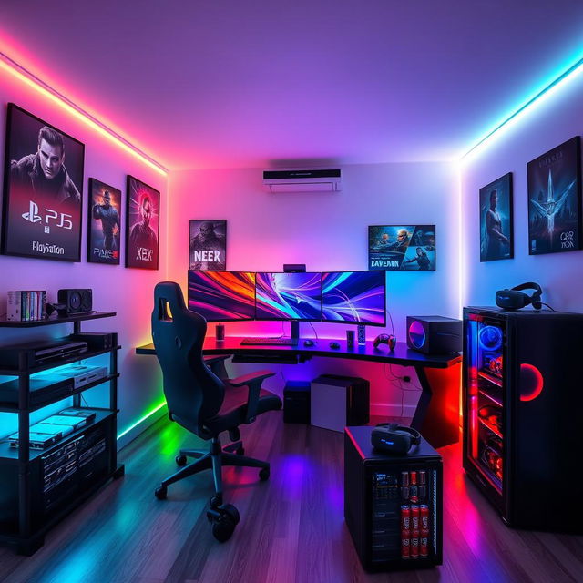 A modern gaming room featuring an ultra-wide curved monitor setup with RGB lighting illuminating the room