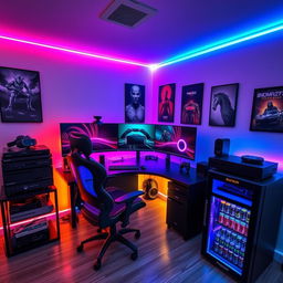 A modern gaming room featuring an ultra-wide curved monitor setup with RGB lighting illuminating the room