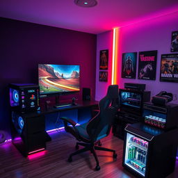 A modern gaming room featuring an ultra-wide curved monitor setup with RGB lighting illuminating the room