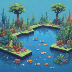 A lively pixel art style lagoon filled with fish and unique plants, created to attract and inspire a young audience