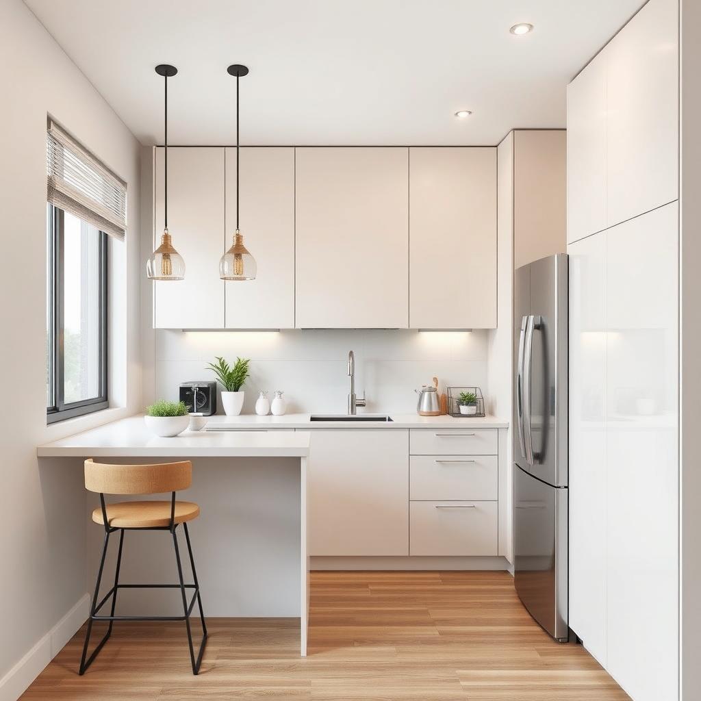 A modern kitchen design tailored for a small space with the refrigerator on the right