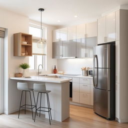 A modern kitchen design tailored for a small space with the refrigerator on the right