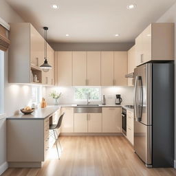 A modern kitchen design tailored for a small space with the refrigerator on the right