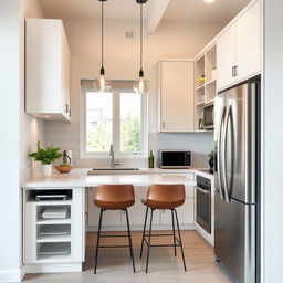 A modern kitchen design tailored for a small space with the refrigerator on the right