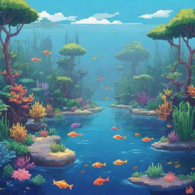 A lively pixel art style lagoon filled with fish and unique plants, created to attract and inspire a young audience