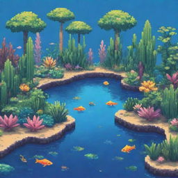 A lively pixel art style lagoon filled with fish and unique plants, created to attract and inspire a young audience