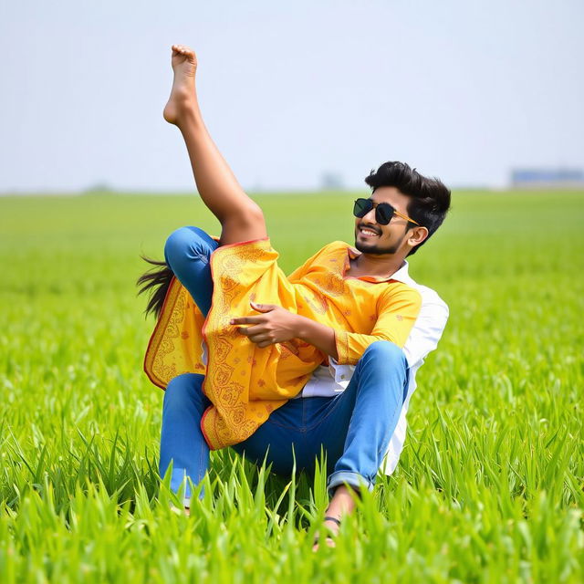 A playful scene in a field of paddy plants featuring a 16-year-old Indian girl and a cute Indian boy