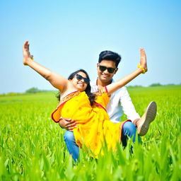 A playful scene in a field of paddy plants featuring a 16-year-old Indian girl and a cute Indian boy