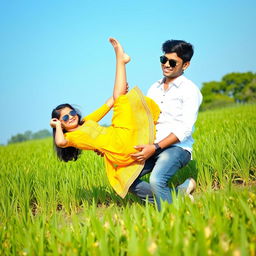 A playful scene in a field of paddy plants featuring a 16-year-old Indian girl and a cute Indian boy