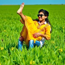 A playful scene in a field of paddy plants featuring a 16-year-old Indian girl and a cute Indian boy